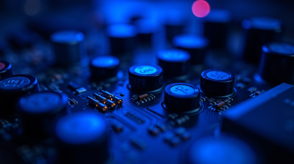 Composants internes d'une alimentation SFX en macro - densite des condensateurs et du PCB