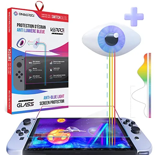 Oniverse Protection écran Nintendo Switch OLED Verre trempé 9H Anti-lumière Bleue