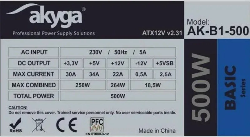 Alimentation Akyga 500W ATX Certifiée CE AK-B1-500 Refroidissement actif - image 3