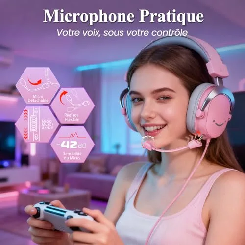 FIFINE AmpliGame H9 Rose Casque Gaming USB 7.1 Micro Détachable - vue 3