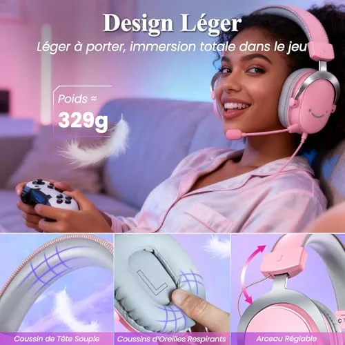 FIFINE AmpliGame H9 Rose Casque Gaming USB 7.1 Micro Détachable - vue 5