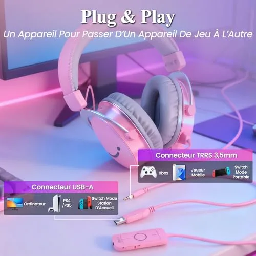 FIFINE AmpliGame H9 Rose Casque Gaming USB 7.1 Micro Détachable - vue 6