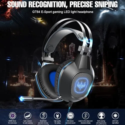 Casque gamer OVLENG GT64 bleu avec micro et retro éclairage LED pour PC & consoles - Haut-parleur 40mm - Contrôle du - vue 2