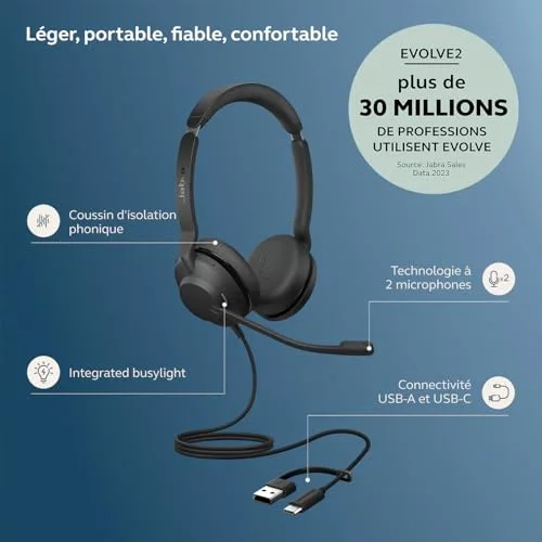 Jabra Evolve2 30 SE Micro-casque supra-auriculaire filaire USB-A/C stéréo noir - vue 2