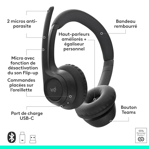 Logitech Zone 305 Micro-casque Bluetooth 5.3 20h ANC - vue 7