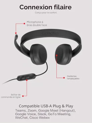 Micro-casque - filaire - USB-A - Lenovo - Lenovo Gen 2 - Micro-casque - sur-oreille - filaire - USB-A - noir - vue 6