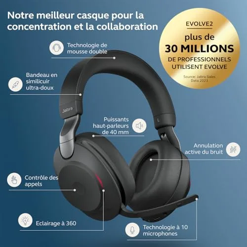 Jabra Evolve2 85 USB-A Bluetooth Noir ANC Hybride - vue 2
