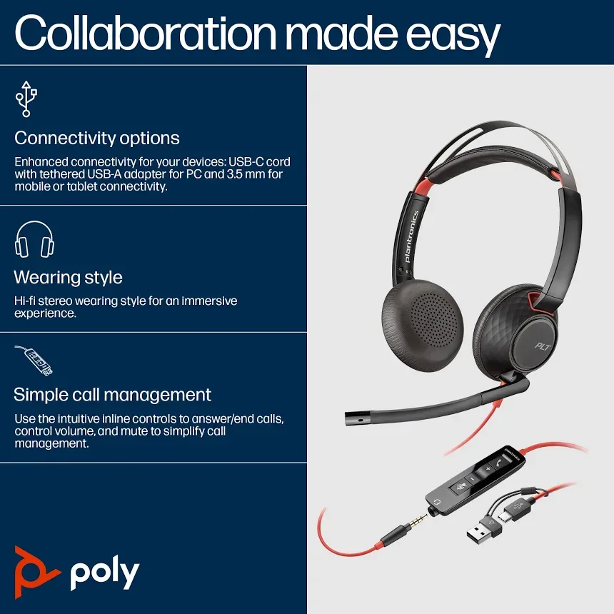Poly Blackwire 5220 Noir - vue 3
