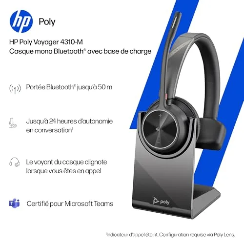 Poly Voyager 4310 UC — micro-casque sans fil Bluetooth 5.2 monaural perche microphone antibruit certifié Teams - vue 2