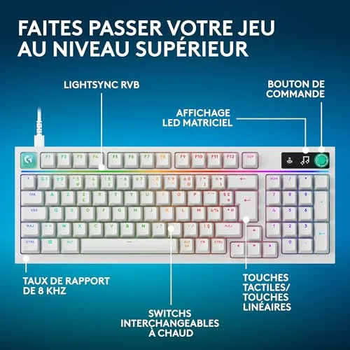 Logitech G316 X 98 Clavier Mécanique 98% AZERTY Blanc Hot-Swap RGB - vue 3
