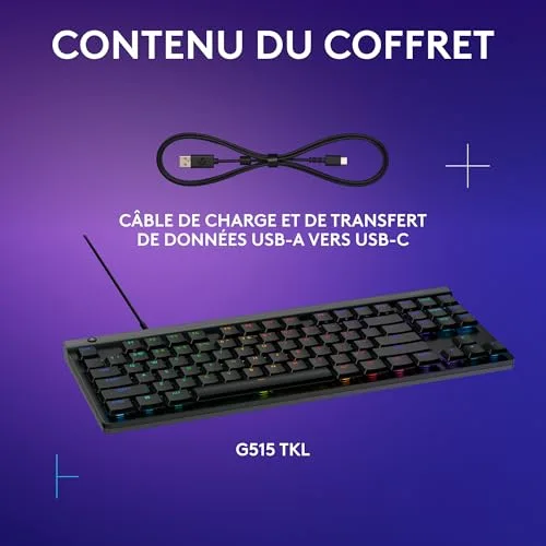 Clavier gamer - Filaire - Logitech G - G515 TKL - AZERTY - Mécanique - RGB - Noir - vue 8