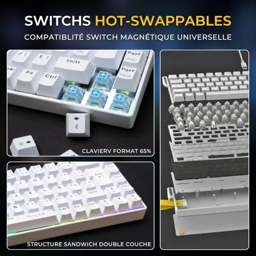 THE G-LAB Keyz Titanium HE Blanc AZERTY 65% RGB - vue 6
