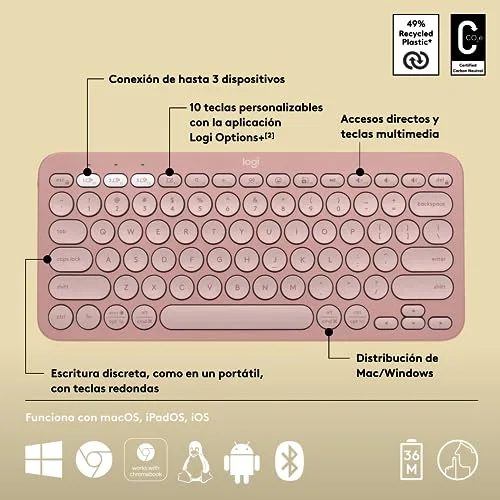 Logitech Pebble Keys 2 K380s QWERTY Espagnol Bluetooth Rose - vue 7
