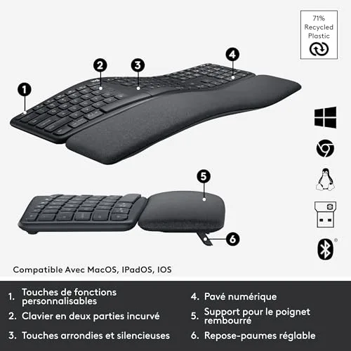 Logitech ERGO K860 Clavier sans fil AZERTY ergonomique avec repose-poignets - vue 7