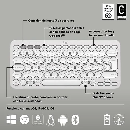 Logitech Pebble Keys 2 K380s QWERTY Espagnol Blanc Bluetooth - vue 6