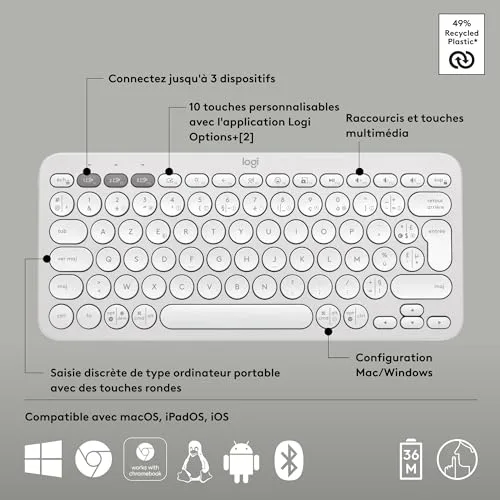 Logitech Pebble Keys 2 K380s Blanc sans fil Bluetooth - vue 7