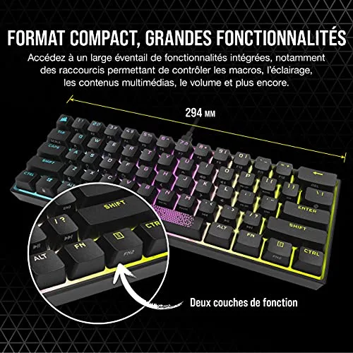 Corsair K65 RGB Mini 60% Cherry MX Red AZERTY Noir - vue 3