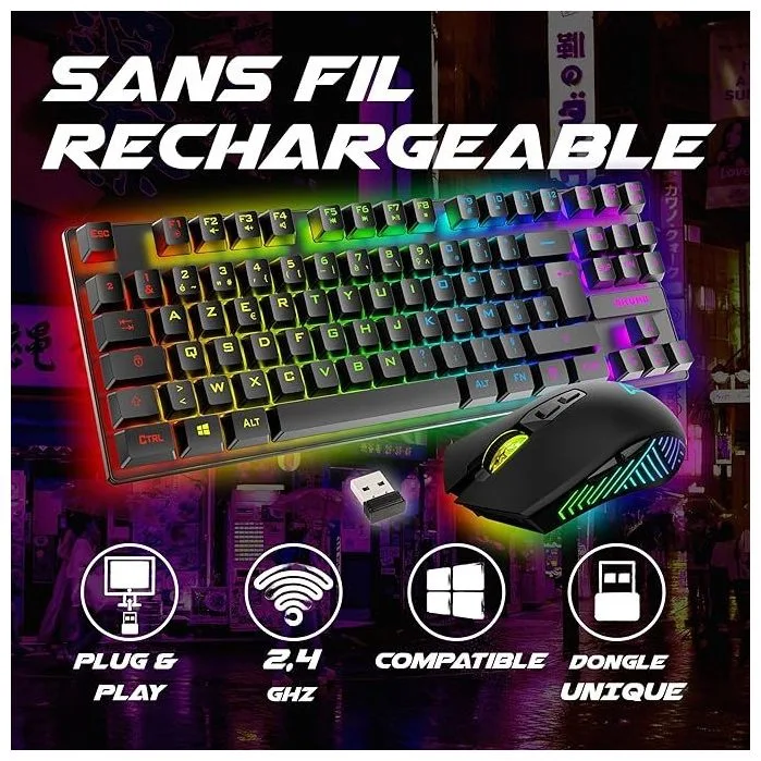 AKUMA Sentai C03 WL Pack Clavier TKL AZERTY + Souris sans Fil 3200 DPI
