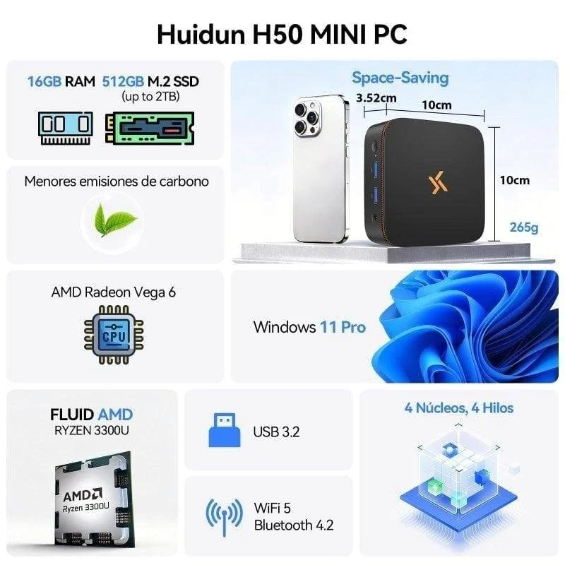 Mini PC Huidun H50 AMD Ryzen 3 3300U 16GB 512GB - vue 2