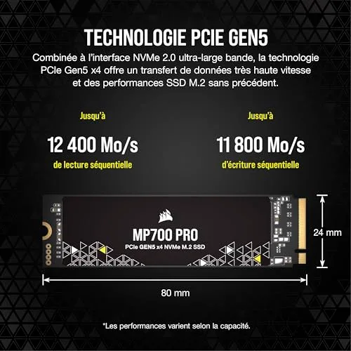Corsair MP700 Pro 2 To SSD NVMe PCIe Gen5 - vue 3