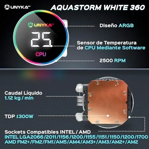 Refroidissement Liquide CPU - UNYKACH - Aquastorm White - Éclairage ARGB - Écran LCD - Pompe silencieuse - vue 5